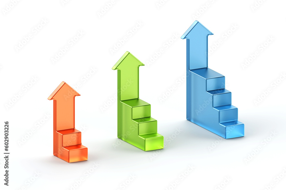 Isometric red green blue stepped vertical arrow going up on white background, set of arrow climbing up over a staircase, Business concept of goals, achievement and challenges, 3d rendering Isometric red green blue stepped vertical arrow going up on white background, set of arrow climbing up over a staircase, Business concept of goals, achievement and challenges, 3d rendering