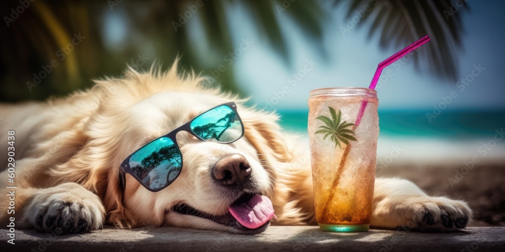 Golden Retriever dog is on summer vacation at seaside resort and relaxing rest on summer beach of Hawaii Generative AI - obrazy, fototapety, plakaty 