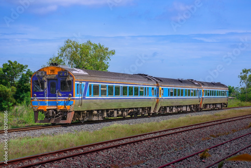 Diesel railcar on the railway in Thailand.