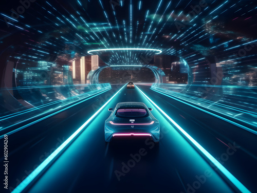 A self-driving car on a futuristic highway, showcasing the potential of AI technology in revolutionizing transportation Generative AI.
