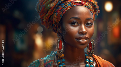 Generative Ai. a beautiful african woman in a colorful headdress
