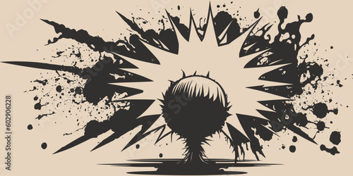 Vintage retroo cartonn comics ink abstract drawing texture background with huge atomic explosion. Graphic Vector