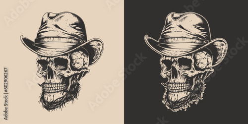 Set of vintage retro scary hipster cawboy skull in hat. Can be used like emblem, logo, badge, label. mark, poster or print. Monochrome Graphic Art. Vector. Hand drawn element in engraving