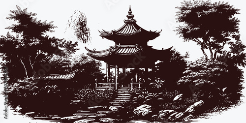 VIntage retro engraving style Chinese Japan Korean Asian temple tower with trees nature wild landscape. Background outdoor adventure vibe. Graphic Art Vector