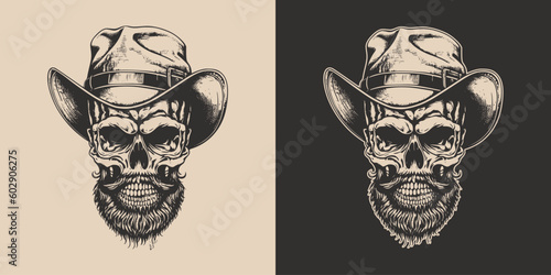 Set of vintage retro scary hipster cawboy skull in hat. Can be used like emblem, logo, badge, label. mark, poster or print. Monochrome Graphic Art. Vector. Hand drawn element in engraving