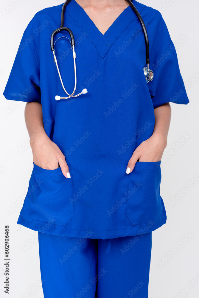 A blue uniform or scrub suit of a nurse, medical student, intern. Isolated on a white background.