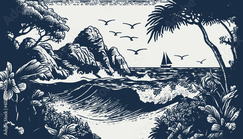 VIntage retro engraving style sea nautical marine navy vacation landscape. Adventure vacation cruise vibe. Background outdoor adventure vibe. Graphic Art Vector
