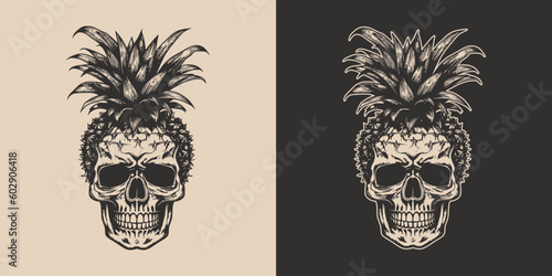Set of vintage retro scary hipster skull with pineapple head. Can be used like emblem, logo, badge, label. mark, poster or print. Monochrome Graphic Art. Vector. Hand drawn element in engraving