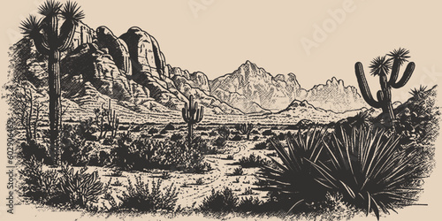 Mountain desert texas background landscape. Wild west western adventure explore inspirational vibe. Graphic Art. Engraving Vector