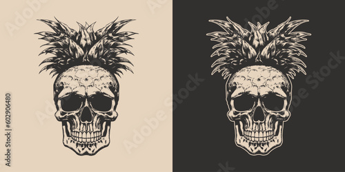 Set of vintage retro scary hipster skull with pineapple head. Can be used like emblem, logo, badge, label. mark, poster or print. Monochrome Graphic Art. Vector. Hand drawn element in engraving