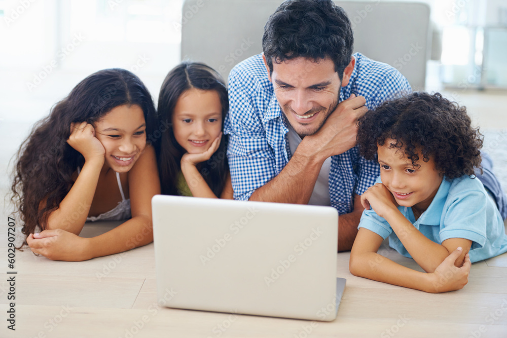 Laptop, relax on floor and dad and children watching social media video, online website or family movies. Adoption, bonding and happy family kids with father streaming home broadcast film on pc Laptop, relax on floor and dad and children watching social media video, online website or family movies. Adoption, bonding and happy family kids with father streaming home broadcast film on pc