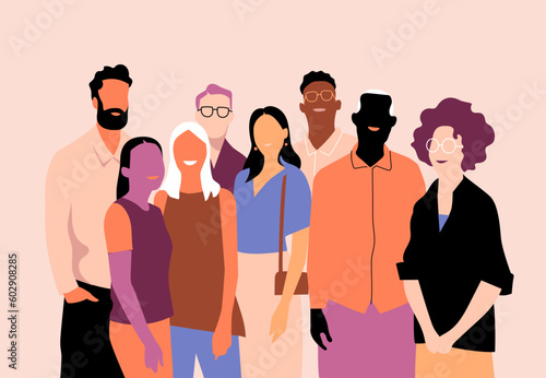 A diverse group of individuals, spanning different ages and social classes, stand side by side, united despite their differences, forming a harmonious and inclusive tableau.