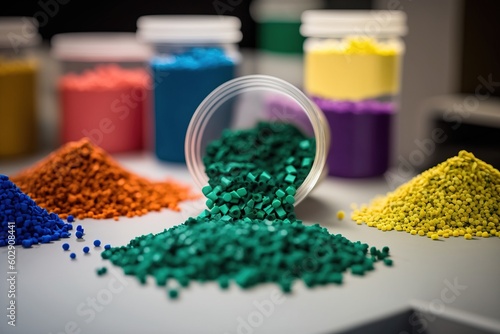 Eco - friendly, biodegradable plastic granules in a variety of colors laying in lab table photo