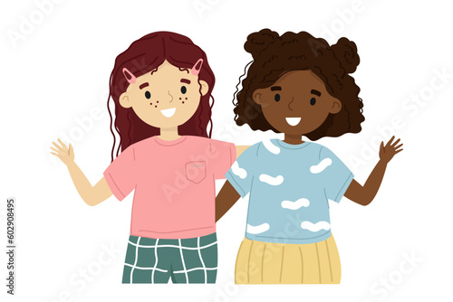 Two cute cartoon style girls smiling.
