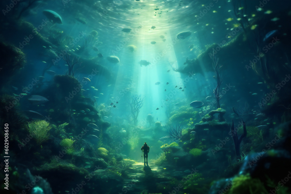 Obraz premium An underwater scene with a scuba diver Generative AI 