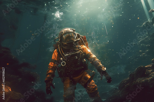 An underwater scene with a scuba diver Generative AI 