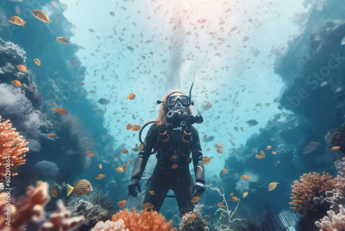 A diver in a diving suit stands on a coral reef with a fish in the background Generative AI 