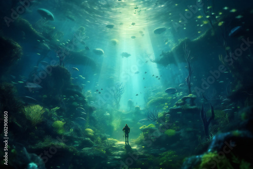 An underwater scene with a scuba diver Generative AI 