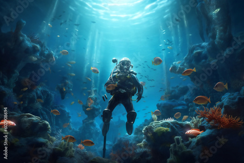 An underwater scene with a scuba diver Generative AI  © LayerAce.com