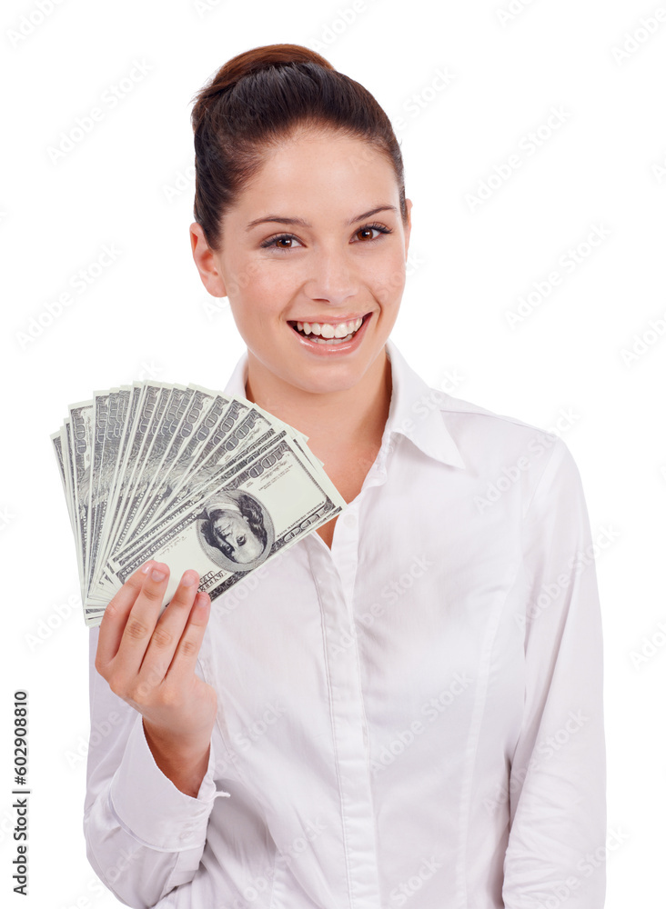 Business woman, money fan and studio portrait for investment, winning and achievement by white background. Isolated businesswoman, cash prize and success for winner with bonus, goal and profit Business woman, money fan and studio portrait for investment, winning and achievement by white background. Isolated businesswoman, cash prize and success for winner with bonus, goal and profit