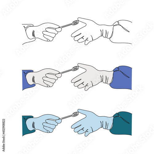 Gloved hand of assistant giving instrument to surgeon. Line art. Surgery and emergency concept. Vector illustration.