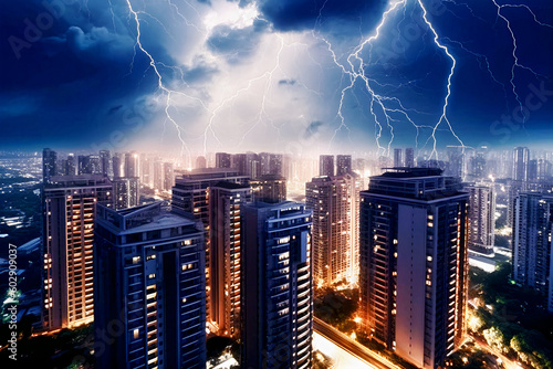 Amidst the city night view, modern buildings stand tall under the beautiful starry sky, illuminated dramatically by the striking display of super lightning. AI created.