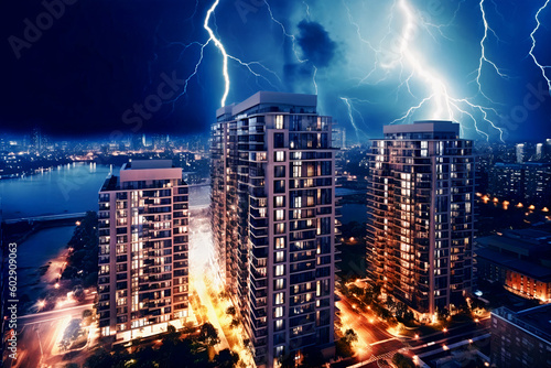 Amidst the city night view, modern buildings stand tall under the beautiful starry sky, illuminated dramatically by the striking display of super lightning. AI created.
