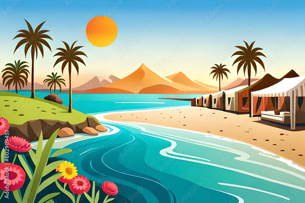 summer-themed poster or banner for travel agencies with elements like a beach resort