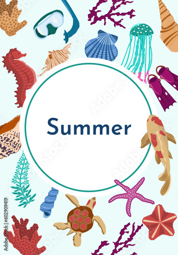 Vector postcard on the theme of Summer and vacation. The image of the inhabitants of the ocean, the animals of the underwater world and various summer items for swimming and relaxing on the beach.