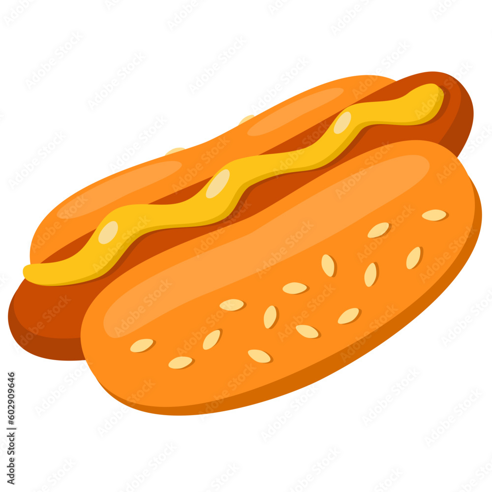 Hot dog with mustard illustration. Isolated fast food element, can be used as an icon, for menu, cafe