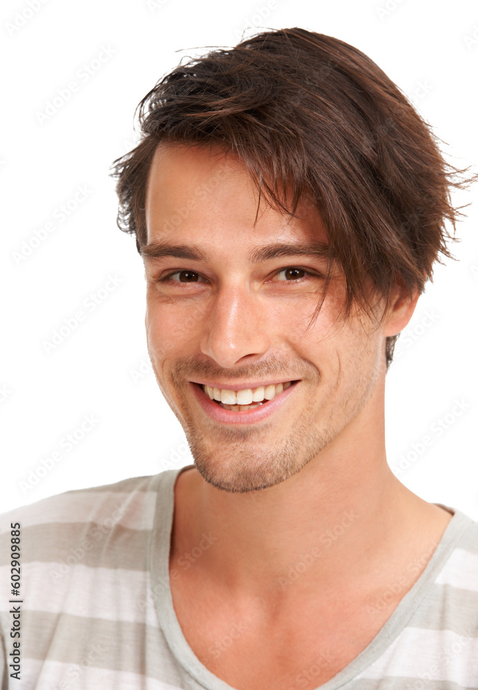 Obraz premium Happy, laugh and portrait of man in studio for casual, trendy and cool fashion. Happiness, edgy and confidant with face of male model isolated on white background for geek, youth and positive style