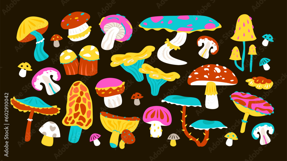 Fototapeta premium Psychedelic acid mushrooms set. Mushrooms in the groovy style. Flat vector illustration. 