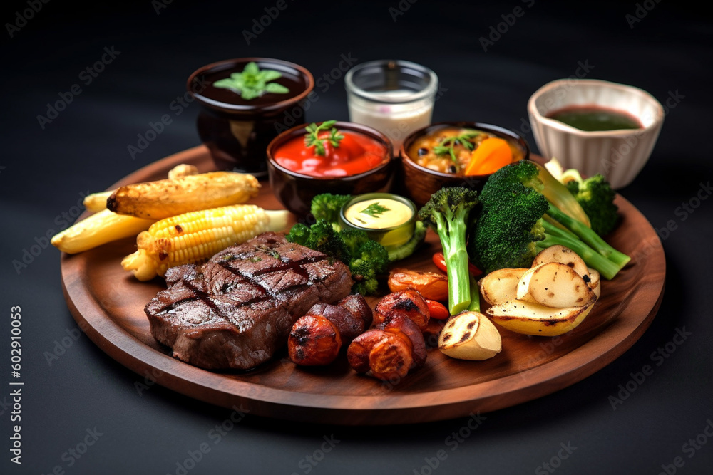 Grilled set with meat and vegetables, sauce on dark background. Close-up. Generative Ai content