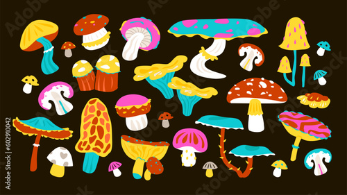 Psychedelic acid mushrooms set. Mushrooms in the groovy style. Flat vector illustration.

