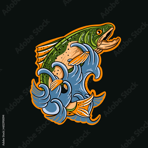 Hand drawn illustration of a trout jumping in from the water