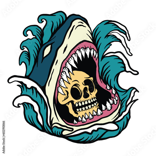 Skull and Shark Illustration in the Sea