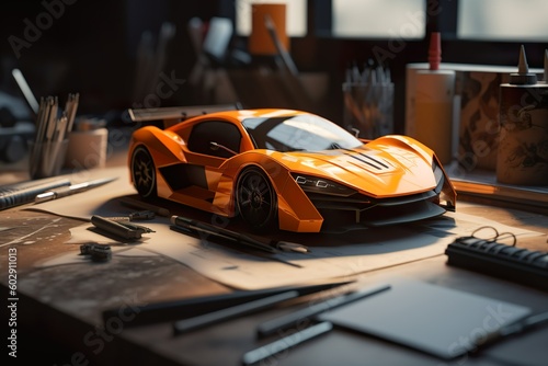 On a drafting table, a sporty conceptual model of a car takes shape as skilled hands bring it to life - created with generative AI technology