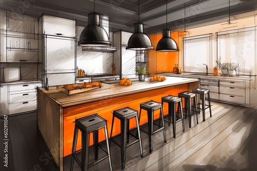 Hand drawn kitchen furniture, sketch style - created with generative AI technology