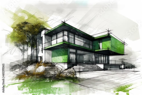 Modern house sketch, black and white and green - created with generative AI technology