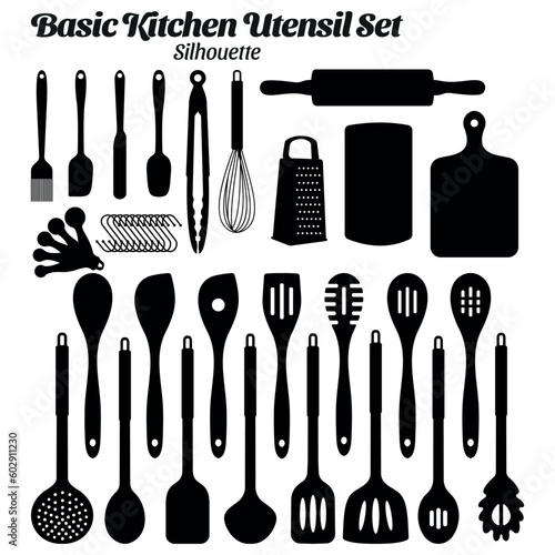 Basic kitchen utensil silhouette vector illustration set.