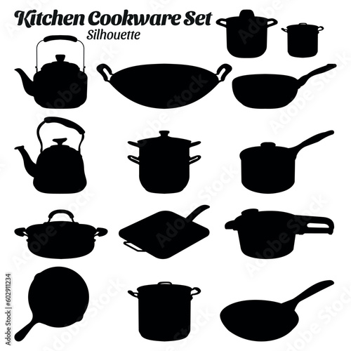 Kitchen cookware silhouette vector illustration set.