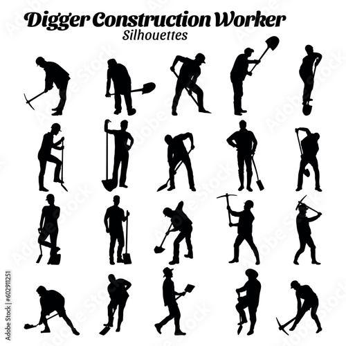 Digger construction worker Silhouette vector illustration set.
