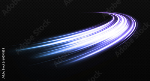 Magic sparkling trails of comet. Luminous lines on transparent background. High-speed light trails effect. Shiny wavy comet with light effect.