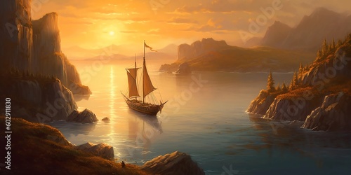fabulous illustration: a ship in a sea bay at sunset. AI Generated.