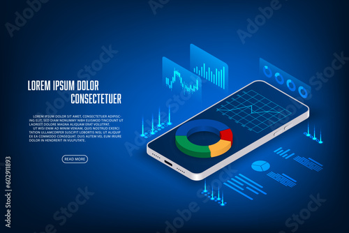Vector finance and trading online application concept. Mobilephone and graph hologram isometric.