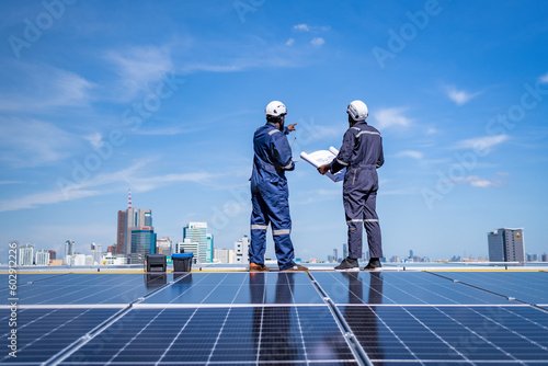 Engineers walking on roof inspect and check solar cell panel by hold blue print and tablet ,solar cell is smart grid ecology energy sunlight alternative power factory concept.