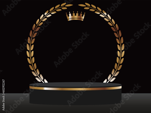 高級感のある月桂冠とライン入りの台座　ブラック＆ゴールド