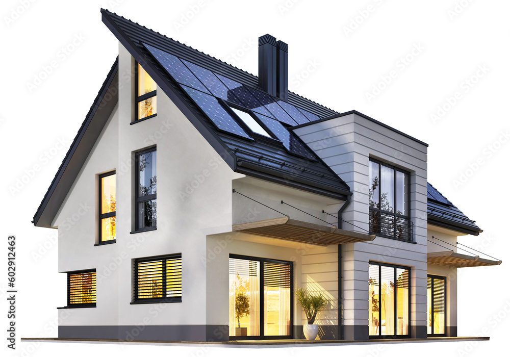 Modern house with solar panels on a transparent background - obrazy, fototapety, plakaty 