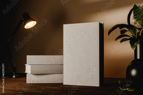 Hard cover book mock up on wooden table with three books lying behind. Night interior with lamp and plant. 3D rendering