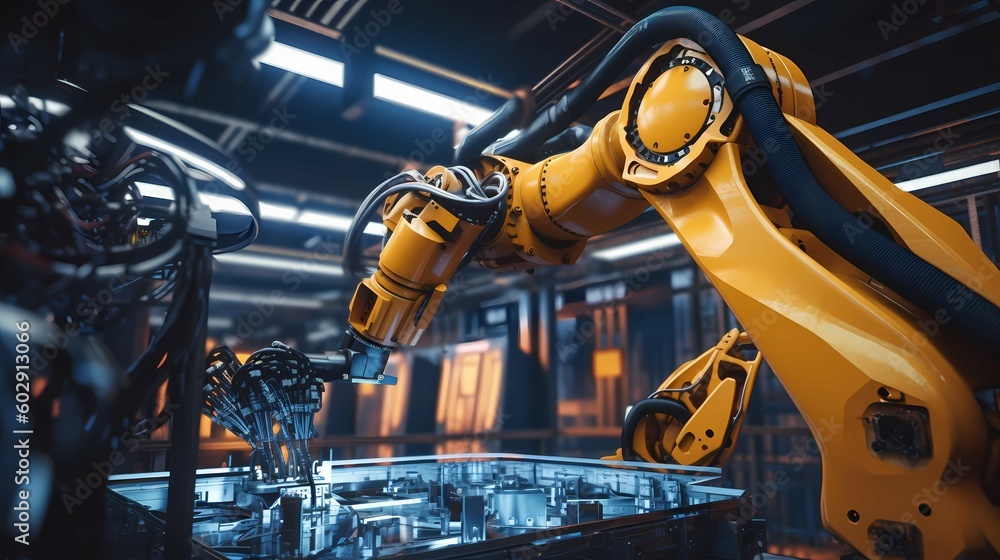 Robotic arm doing welding in industry. Generative AI